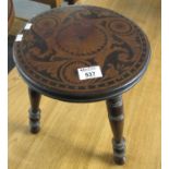 Stained poker work milking stool on turned legs. (B.P. 21% + VAT)