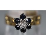 9ct gold sapphire and diamond ring. Ring size M&1/2. Approx weight 3.1 grams. (B.P. 21% + VAT)