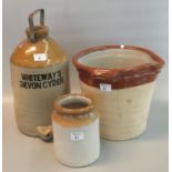 Whiteway's Devon cider two tone stoneware flagon, together with a stoneware utensil jar and