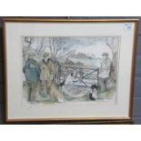 Ann Anderson (Welsh 20th Century), 'The Shoot', signed, watercolours. 26 x 39cm approx, framed and