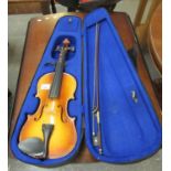 Modern students violin with bow in fitted case, indistinct label to the interior. (B.P. 21% + VAT)