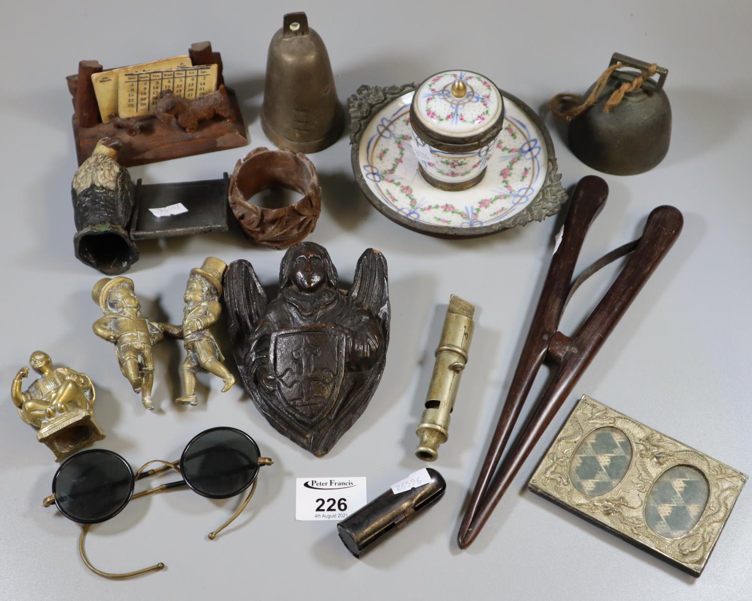 Box of oddments to include; the metropolitan J Hudson & co whistle, brass figurines, miniature