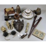 Box of oddments to include; the metropolitan J Hudson & co whistle, brass figurines, miniature