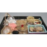Plastic tray comprising glass atomisers, costume jewellery including; brooches, four ivory bangles