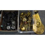 Two boxes of metalware, one of assorted brassware, the other containing coffee pot and teapot by