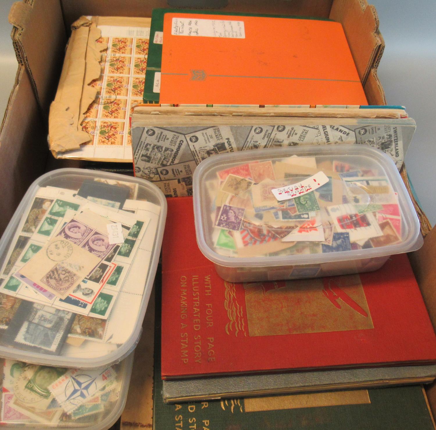 Box with all world collection of stamps in albums, stockbooks, plastic boxes and tin 100's of