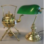 Brass spirit kettle on burner stand in the style of Christopher Dresser, together with a modern