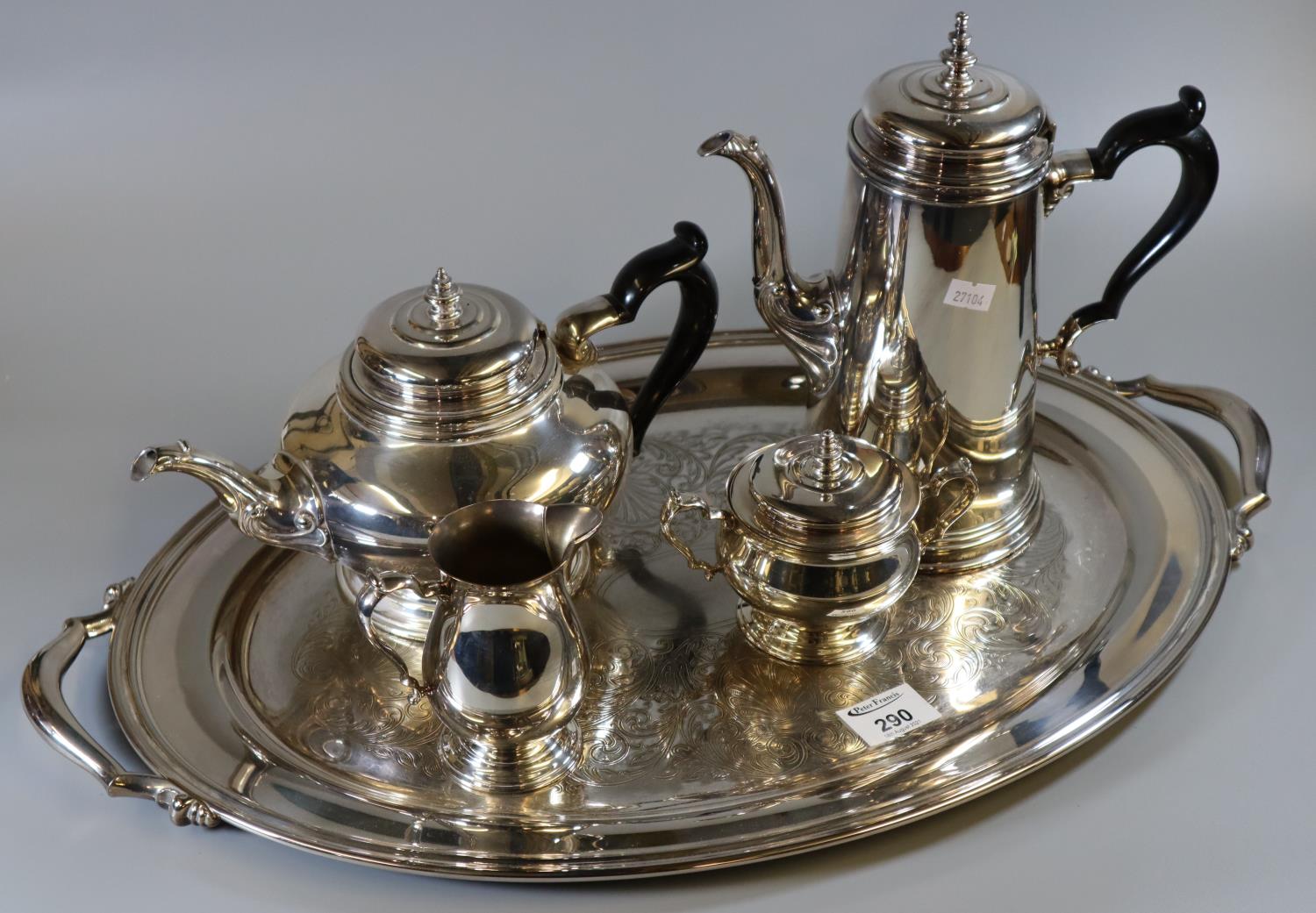 Collection of silver plate to include coffee and teapot with ebonised handle, lidded two-handled