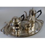 Collection of silver plate to include coffee and teapot with ebonised handle, lidded two-handled