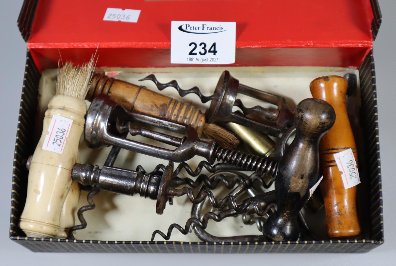Box of assorted corkscrews with treen, steel and ivory handles. (B.P. 21% + VAT)