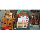Three boxes of scratch built wooden toys and similar items to include; locomotive with carriage,