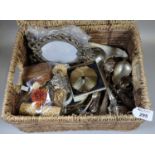 Two handled basket comprising assorted items including; loose plated cutlery, easel picture frame,