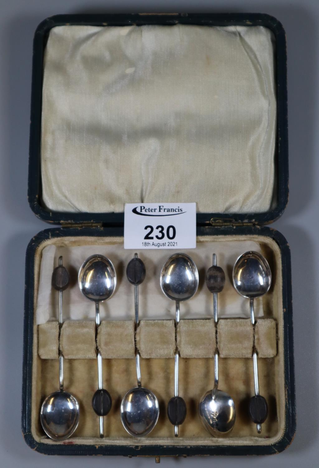 Set of six cased silver coffee bean spoons, Birmingham hallmarks. (B.P. 21% + VAT)