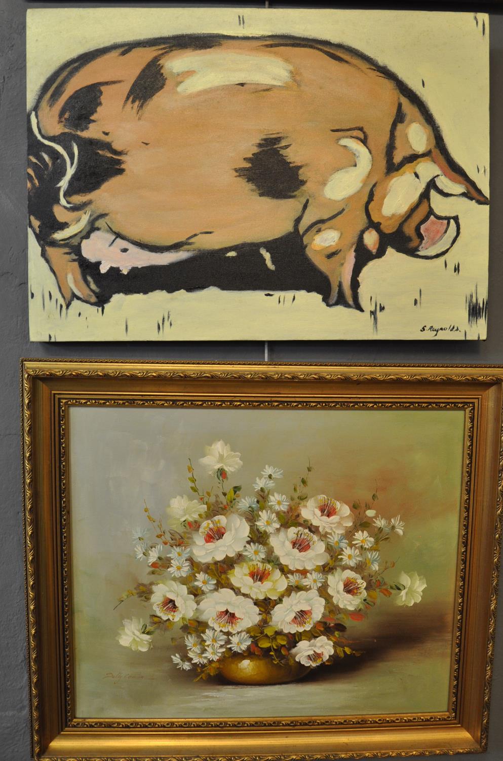 S Reynolds study of a pig, oils on canvas, signed 50 x 70 cm approx. Together with a modern still