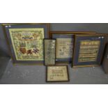 Box of assorted samplers and tapestry work. Framed. (5) (B.P. 21% + VAT)