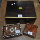 Three wooden boxes, one larger writing box with incomplete interior and two smaller boxes with