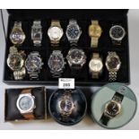 Wicker basket comprising various gents wrist watches to include Accurist, Oris, Seiko, Citizen, etc.