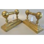 Pair of brass fireside andirons, rectangular bases with baluster supports. 21cm long approx. (2) (
