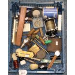 Box of oddments to include; shaving brushes, vintage Salter pocket scales, policemans whistles,