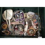 Crate of vintage costume jewellery, glass atomiser, vanity brush and mirror, watches etc. (B.P.