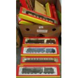 Box containing Hornby 00 gauge coaches and locomotives in original boxes to include; Duchess class