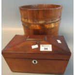 Small early 19th century mahogany sarcophagus shaped tea caddy, with two compartments, one lid