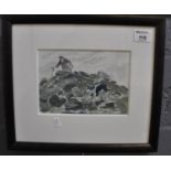 After Sir John Kyffin Williams, Farmer on a mountain top with collie dog, coloured print. Signed