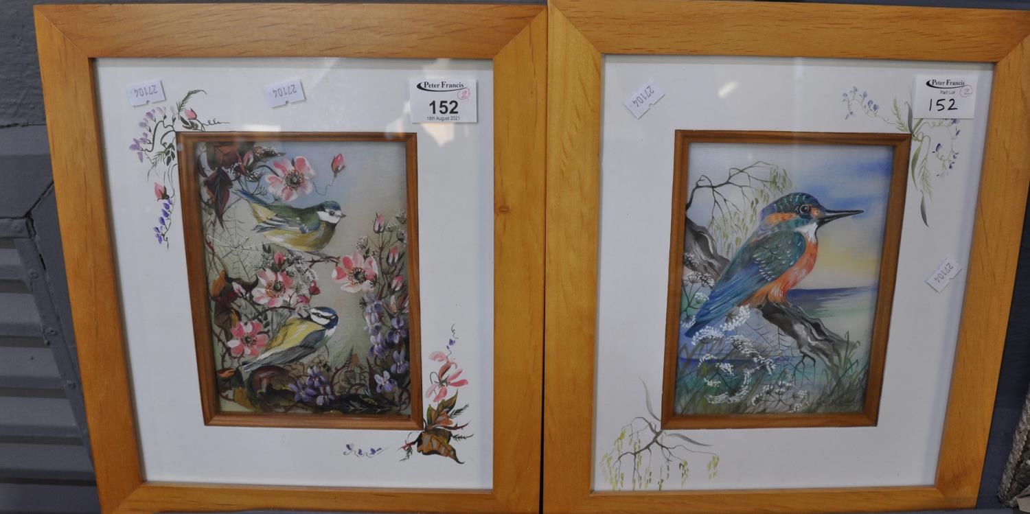 Iris Bowen Evans, bird studies painted on silk. 17.5 x 13 cm approx. Framed and glazed. (2) (B.P.