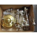 Box containing a pair of elegant silver plate on copper, hand made candelabra, another
