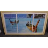 Large framed coloured furnishing print of far Eastern (possibly Malaysia) fishing boats off a