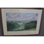 Richard A Harrison, Welsh landscape with distant sea, watercolours, 36 x 58cm approx, framed and