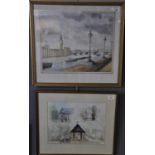 Church and Litchgate studies in water colours. Signed Hillary Jarvis. 27 x 35 cm approx. Framed (
