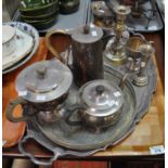 Tray of silver plate to include: two-handled tray, candlesticks, helmet shaped cream jug, specimen