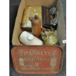 Box containing assorted items to include: a 'Franklin's Cutty Shagg 8/D per oz. is always good'