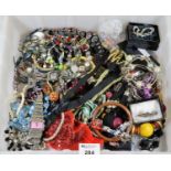 Plastic box containing assorted costume jewellery, brooches, necklaces, bracelets, etc. (B.P.