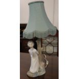 Spanish porcelain table lamp in the form of a young choir boy, standing by a tree stump with