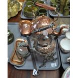 Tray of metalware to include: large copper and brass kettle, an ornate teapot on a stand with