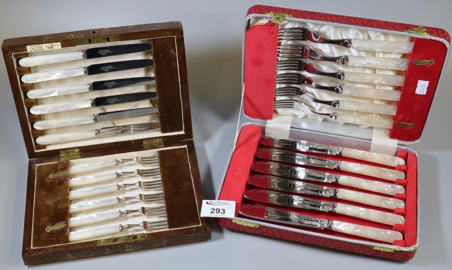 Cased set of Walker & Hall fruit knives and forks with mother of pearl handles, together with