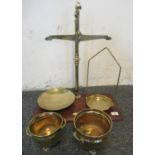 Large pair of brass pillar scales having trays and together with two small brass jardinieres. (B.