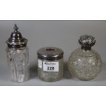 Silver topped hob nail cut glass scent bottle of globular form, together with a silver topped