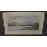 E Lewis (British), Scottish loch scene with figures and boats, signed, watercolours, 24 x 53cm