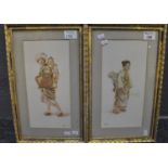 Ryuko (Japanese school) pair of portraits of women with children on their backs, signed. Water