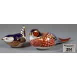 Two Royal Crown Derby bone china paperweights in the form of a pheasant and another bird, gold