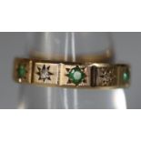 9ct gold emerald and diamond half eternity style ring. Ring size J. Weight approx 2.7 grams. (B.P.