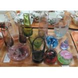 A tray of glass to include: four Caithness paperweights, a small pink tinted glass pedestal bowl