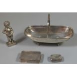 Novelty silver salt in the form of a trug, together with two silver vinaigrette and a plated