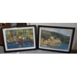 Pair of large furnishing coloured prints, Italian coastal town and another similar, framed and