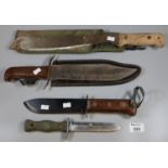 Box containing divers knife with military mark, machete in fabric sheath, Pakistan knife in sheath