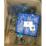 Box of glassware to include; blue glass tumblers, painted glass ashtray, liqueur glasses, moulded