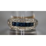 9ct gold sapphire and diamond Art Deco style ring. Ring size R. Weight 3.6 grams. (B.P. 21% + VAT)